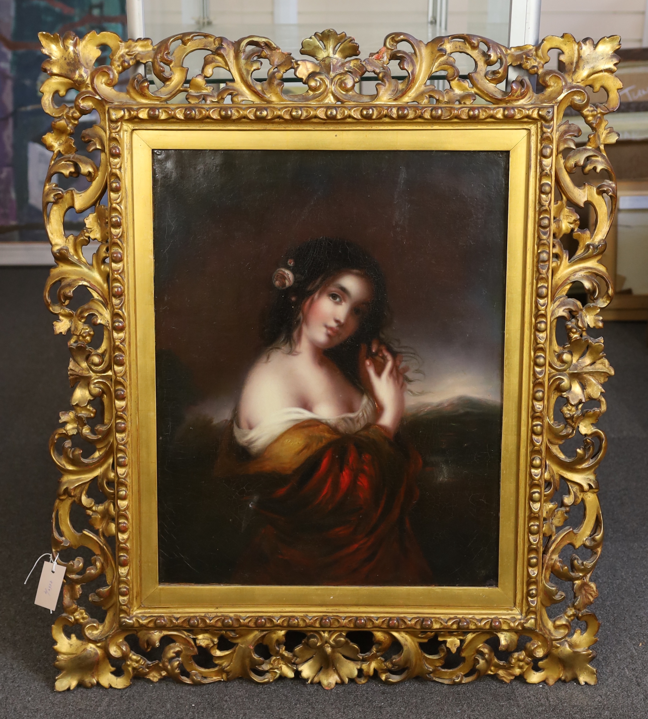 19th century Italian School, Portrait of a young woman standing in a landscape, oil on canvas, 66 x 52cm